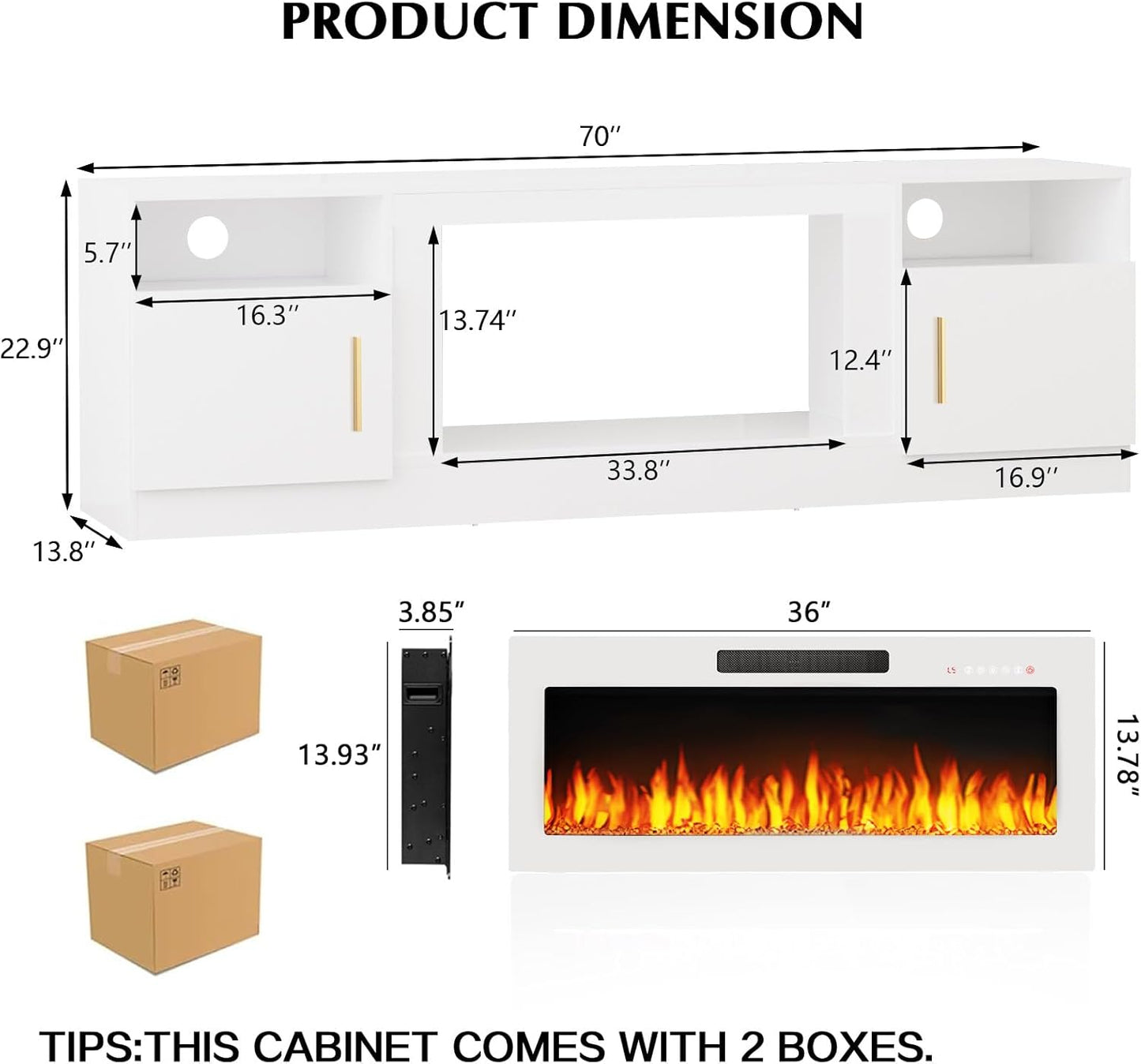 Lemberi Fireplace tv Stand with 36 inch Fireplace Up to 80" TVs,LED Light Entertainment Center and Storage, 70" Modern Wood Media TV Console with Highlight Cabinet for Living Room (White)