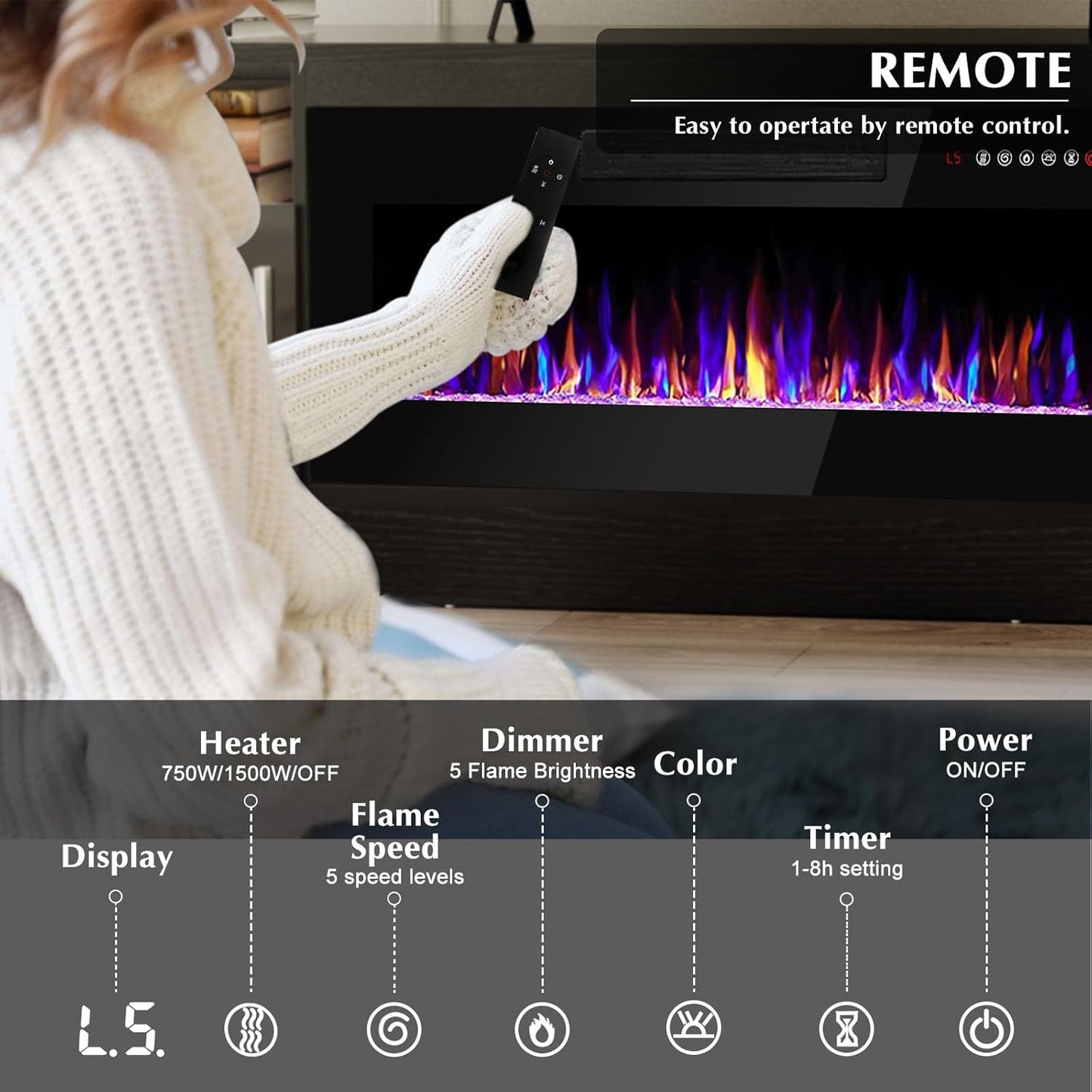 Lemberi Fireplace tv Stand with 36 inch Fireplace Up to 80" TVs,LED Light Entertainment Center and Storage, 70" Modern Wood Media TV Console with Highlight Cabinet for Living Room (White)