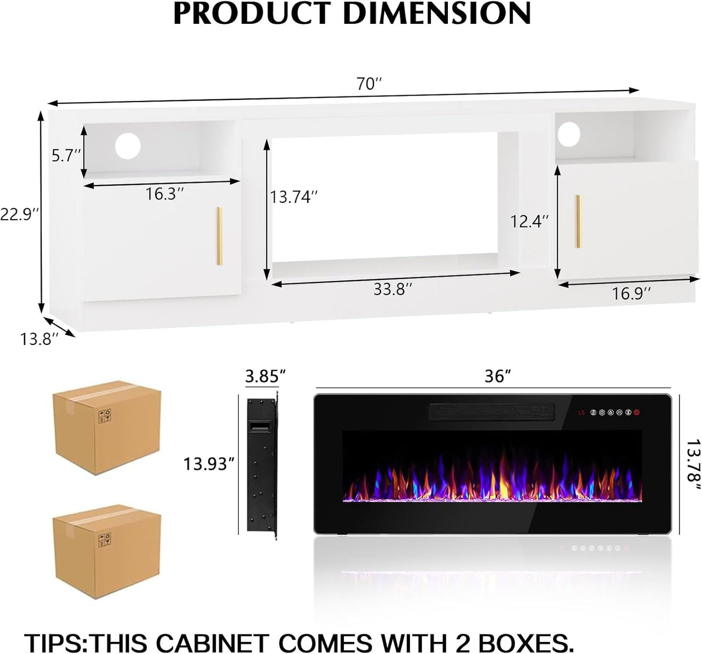 Lemberi Fireplace tv Stand with 36 inch Fireplace Up to 80" TVs,LED Light Entertainment Center and Storage, 70" Modern Wood Media TV Console with Highlight Cabinet for Living Room (White)