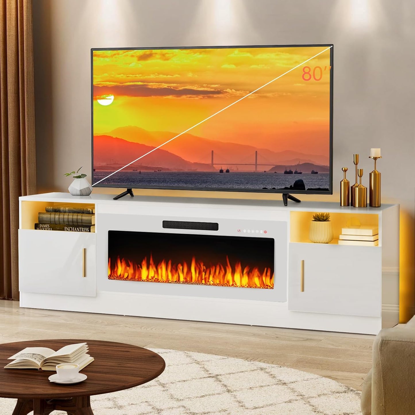 Lemberi Fireplace tv Stand with 36 inch Fireplace Up to 80" TVs,LED Light Entertainment Center and Storage, 70" Modern Wood Media TV Console with Highlight Cabinet for Living Room (White)