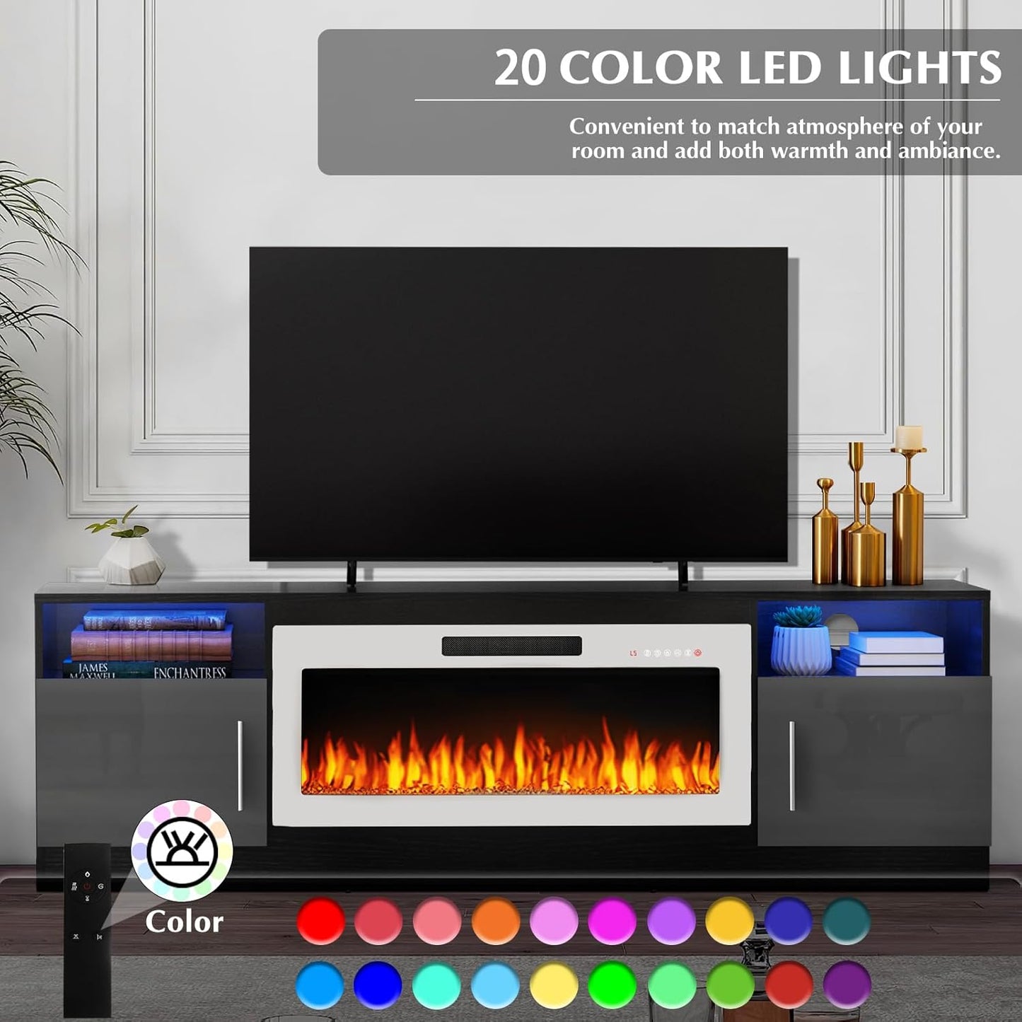 Lemberi Fireplace tv Stand with 36 inch Fireplace Up to 80" TVs,LED Light Entertainment Center and Storage, 70" Modern Wood Media TV Console with Highlight Cabinet for Living Room (White)