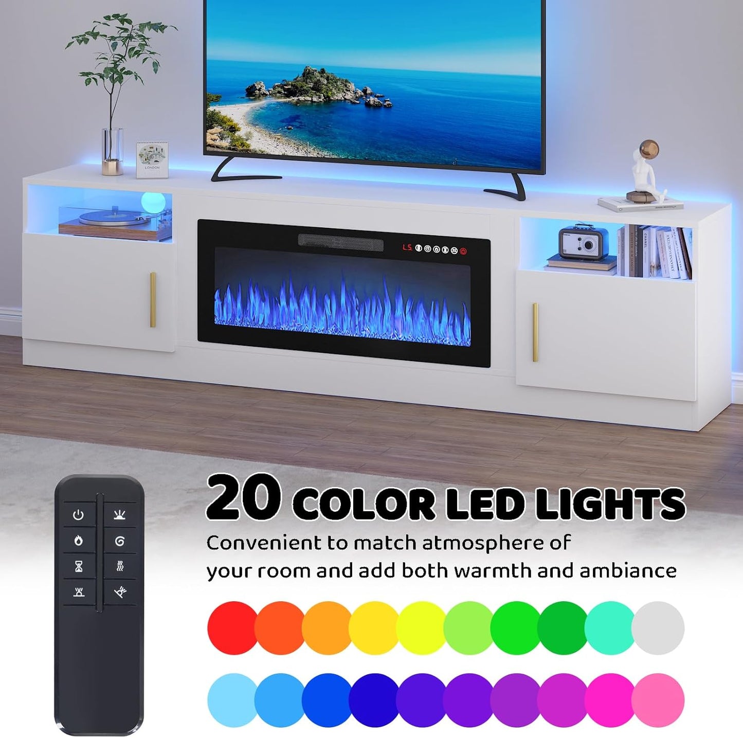 Lemberi Fireplace tv Stand with 36 inch Fireplace Up to 80" TVs,LED Light Entertainment Center and Storage, 70" Modern Wood Media TV Console with Highlight Cabinet for Living Room (White)