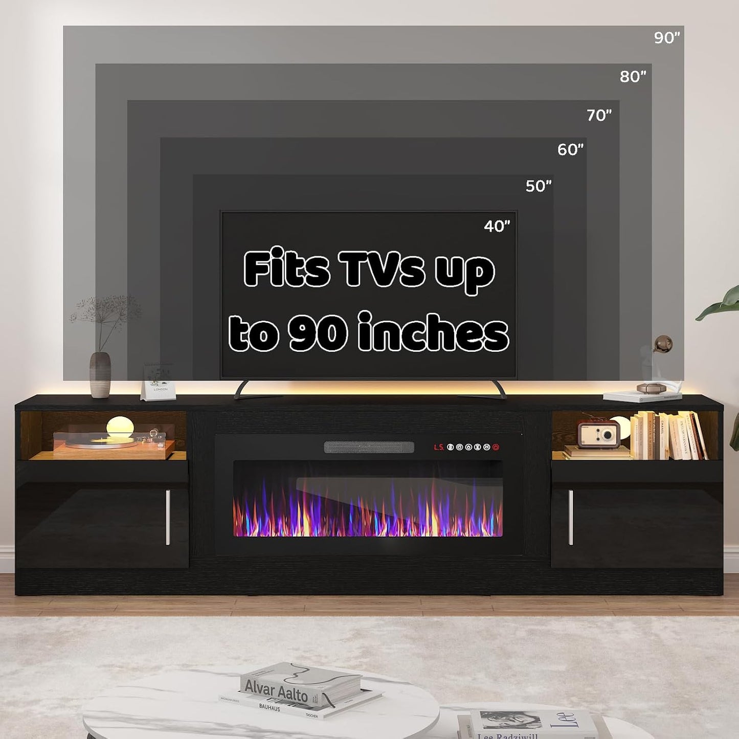 Lemberi Fireplace tv Stand with 36 inch Fireplace Up to 80" TVs,LED Light Entertainment Center and Storage, 70" Modern Wood Media TV Console with Highlight Cabinet for Living Room (White)