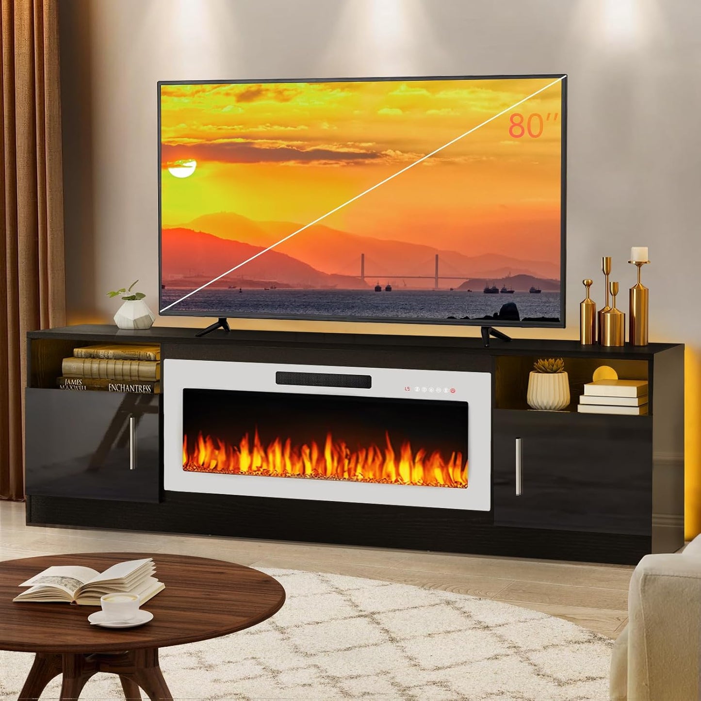 Lemberi Fireplace tv Stand with 36 inch Fireplace Up to 80" TVs,LED Light Entertainment Center and Storage, 70" Modern Wood Media TV Console with Highlight Cabinet for Living Room (White)