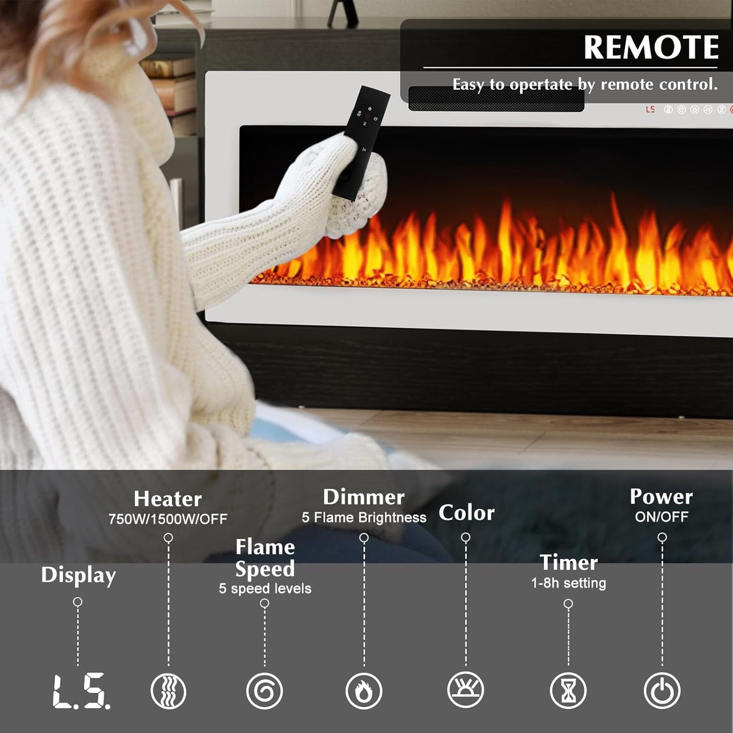 Lemberi Fireplace tv Stand with 36 inch Fireplace Up to 80" TVs,LED Light Entertainment Center and Storage, 70" Modern Wood Media TV Console with Highlight Cabinet for Living Room (White)