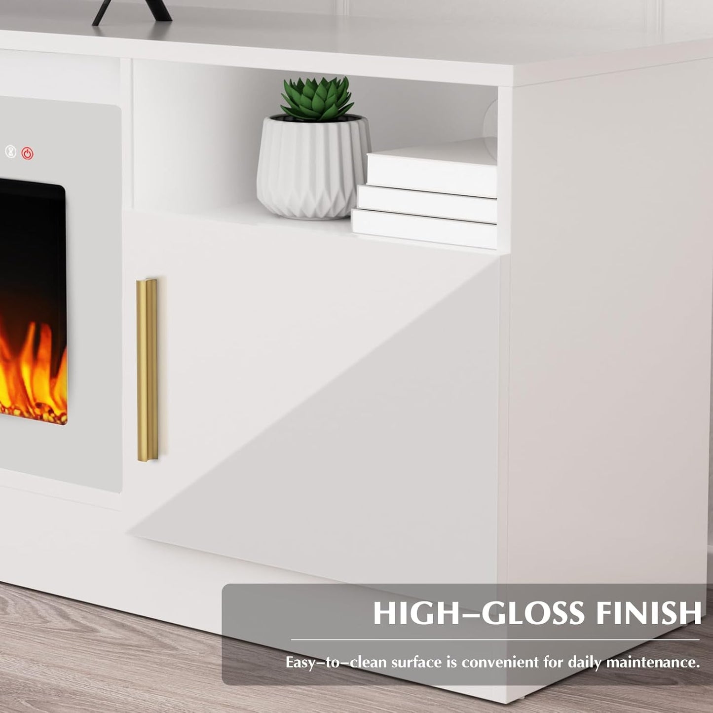 Lemberi Fireplace tv Stand with 36 inch Fireplace Up to 80" TVs,LED Light Entertainment Center and Storage, 70" Modern Wood Media TV Console with Highlight Cabinet for Living Room (White)