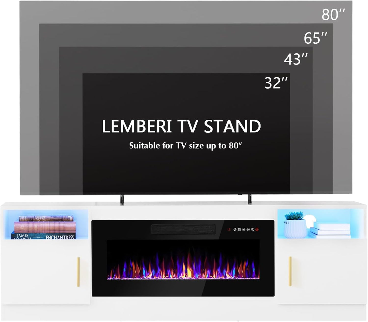 Lemberi Fireplace tv Stand with 36 inch Fireplace Up to 80" TVs,LED Light Entertainment Center and Storage, 70" Modern Wood Media TV Console with Highlight Cabinet for Living Room (White)