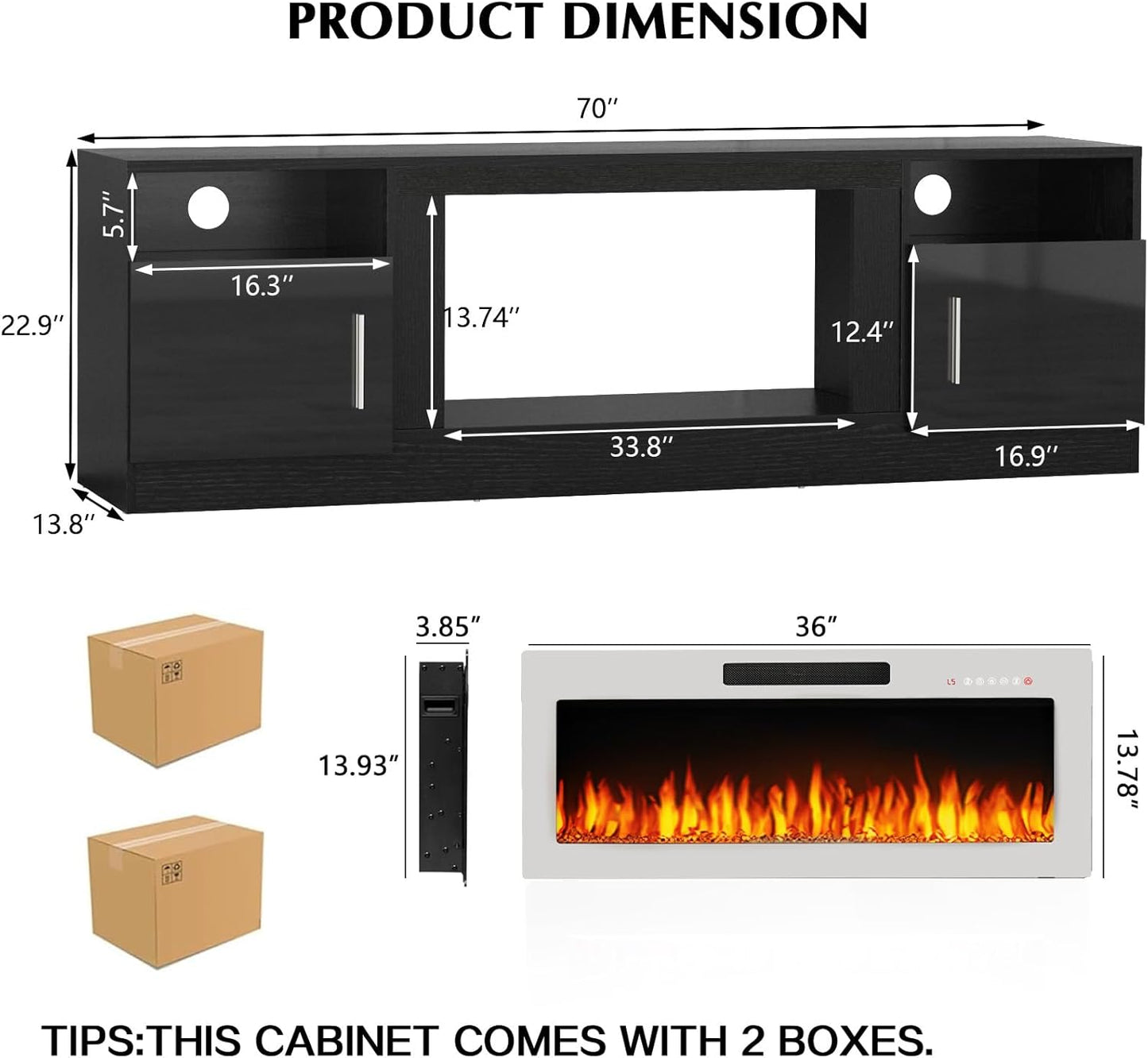 Lemberi Fireplace tv Stand with 36 inch Fireplace Up to 80" TVs,LED Light Entertainment Center and Storage, 70" Modern Wood Media TV Console with Highlight Cabinet for Living Room (White)