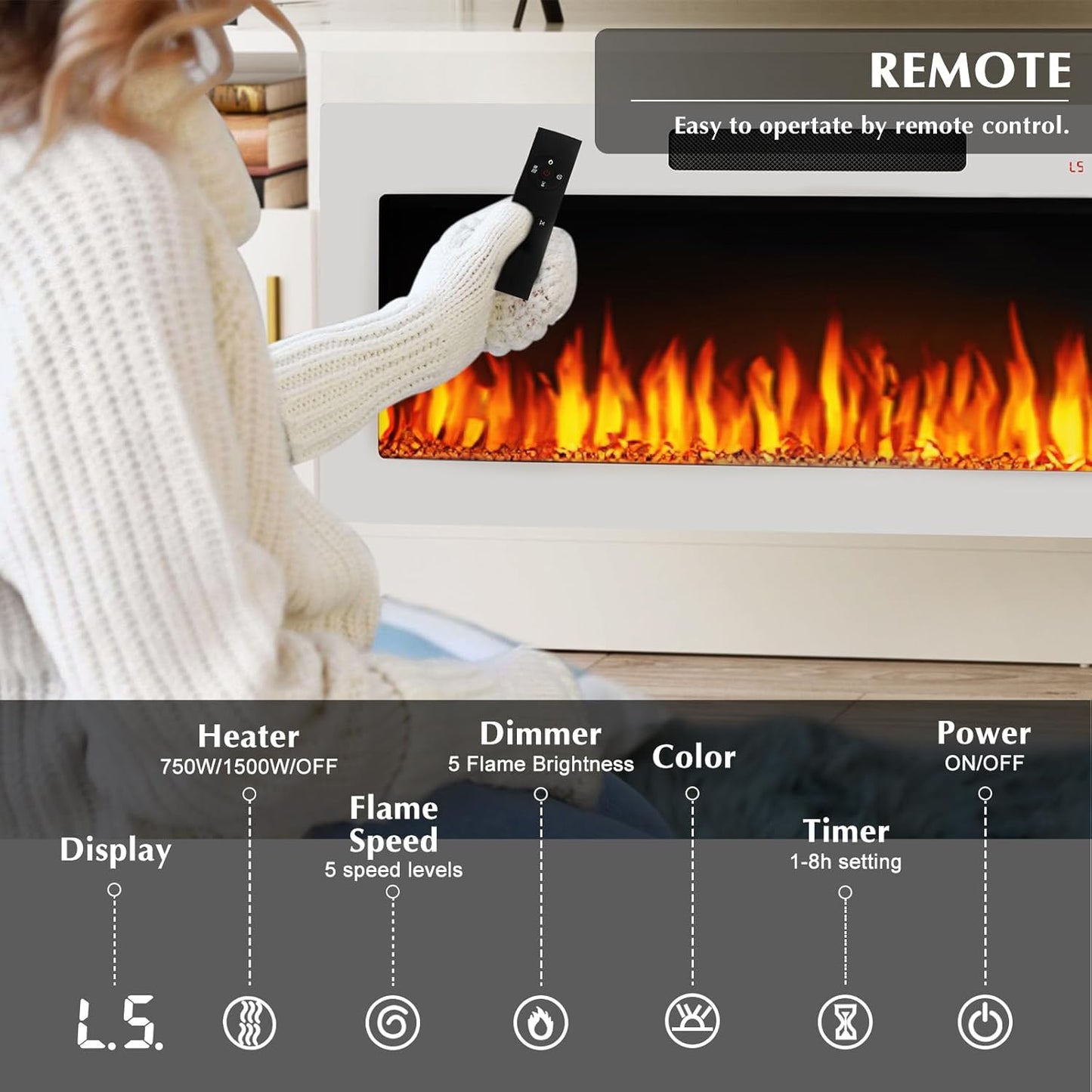 Lemberi Fireplace tv Stand with 36 inch Fireplace Up to 80" TVs,LED Light Entertainment Center and Storage, 70" Modern Wood Media TV Console with Highlight Cabinet for Living Room (White)