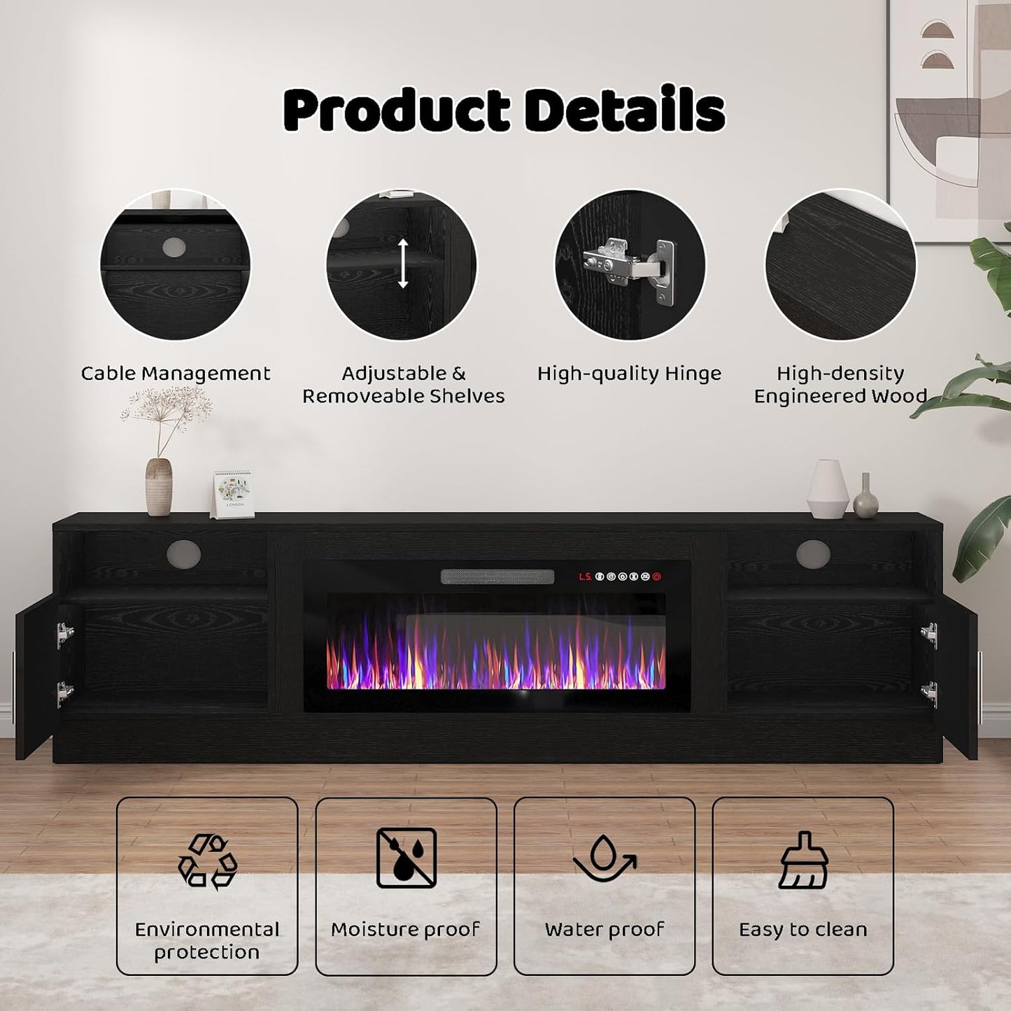 Lemberi Fireplace tv Stand with 36 inch Fireplace Up to 80" TVs,LED Light Entertainment Center and Storage, 70" Modern Wood Media TV Console with Highlight Cabinet for Living Room (White)