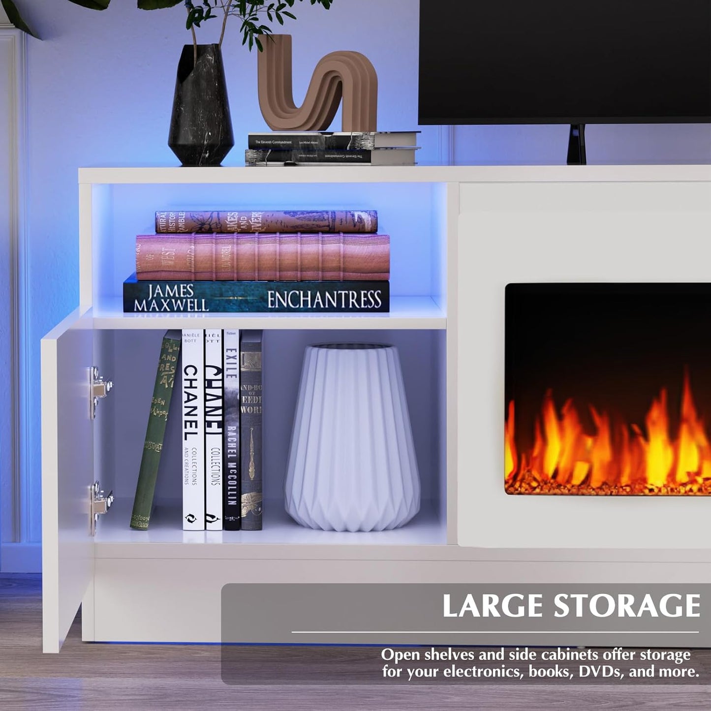 Lemberi Fireplace tv Stand with 36 inch Fireplace Up to 80" TVs,LED Light Entertainment Center and Storage, 70" Modern Wood Media TV Console with Highlight Cabinet for Living Room (White)