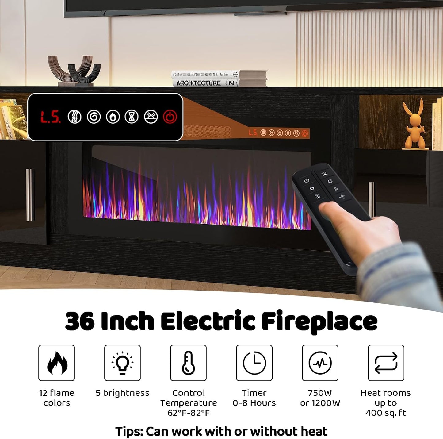 Lemberi Fireplace tv Stand with 36 inch Fireplace Up to 80" TVs,LED Light Entertainment Center and Storage, 70" Modern Wood Media TV Console with Highlight Cabinet for Living Room (White)