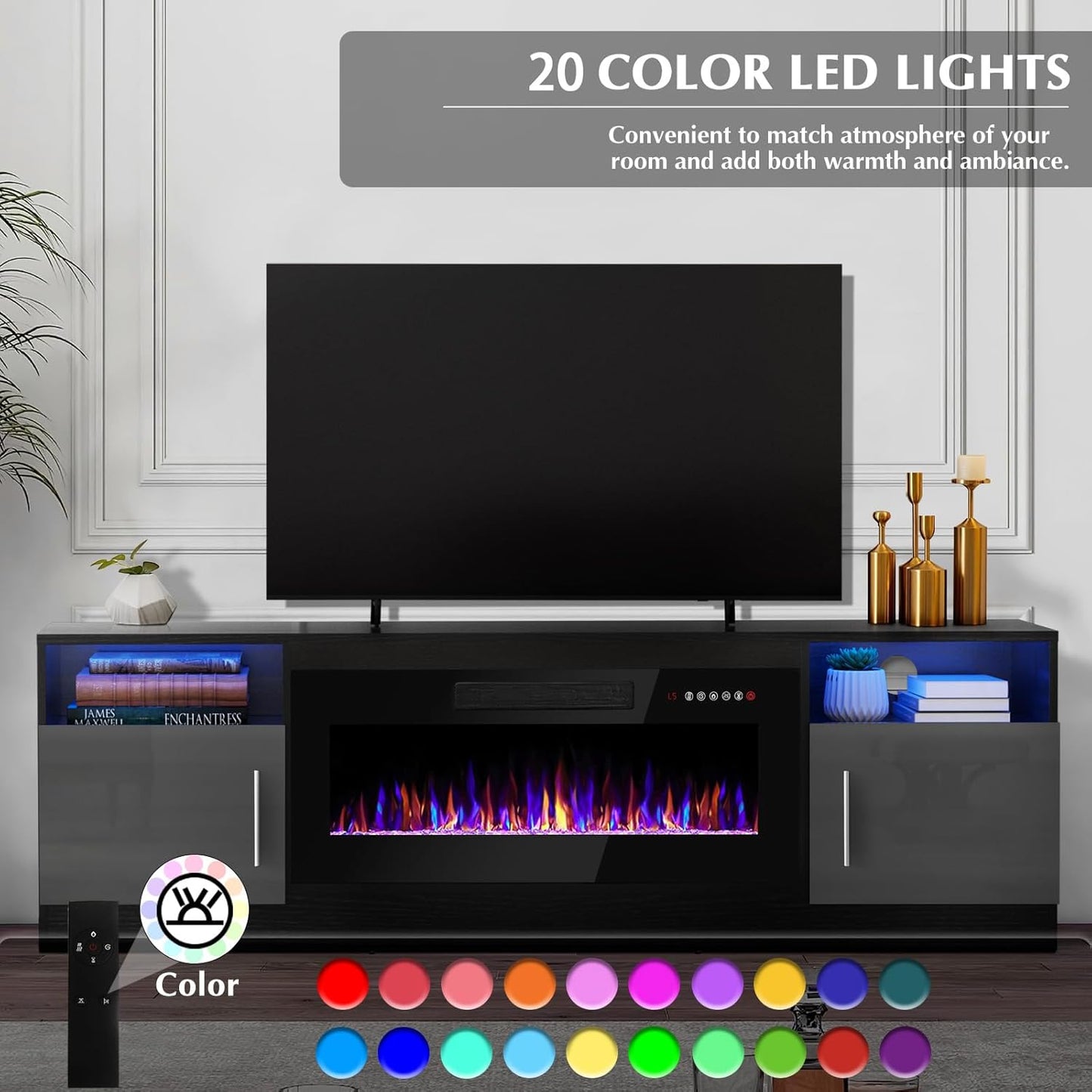 Lemberi Fireplace tv Stand with 36 inch Fireplace Up to 80" TVs,LED Light Entertainment Center and Storage, 70" Modern Wood Media TV Console with Highlight Cabinet for Living Room (White)