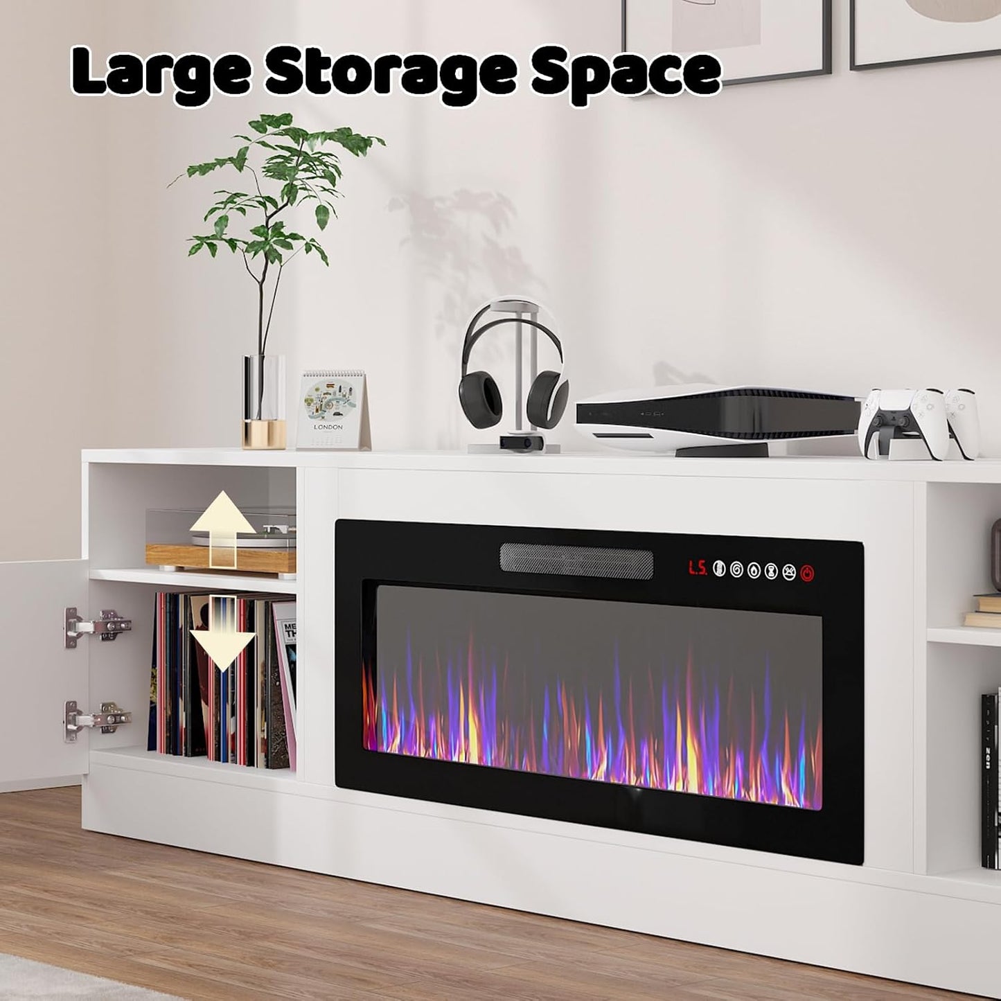 Lemberi Fireplace tv Stand with 36 inch Fireplace Up to 80" TVs,LED Light Entertainment Center and Storage, 70" Modern Wood Media TV Console with Highlight Cabinet for Living Room (White)