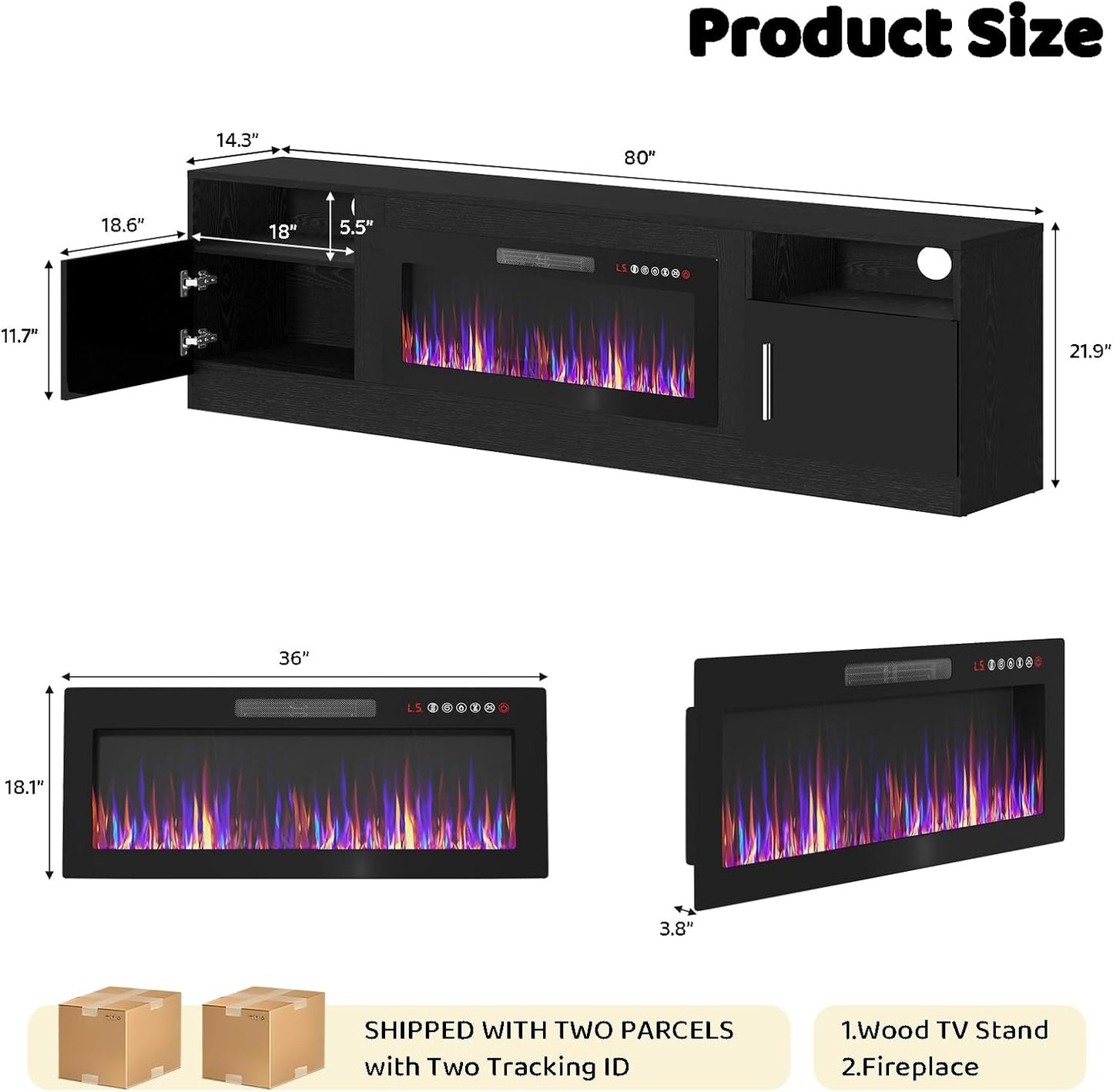 Lemberi Fireplace tv Stand with 36 inch Fireplace Up to 80" TVs,LED Light Entertainment Center and Storage, 70" Modern Wood Media TV Console with Highlight Cabinet for Living Room (White)