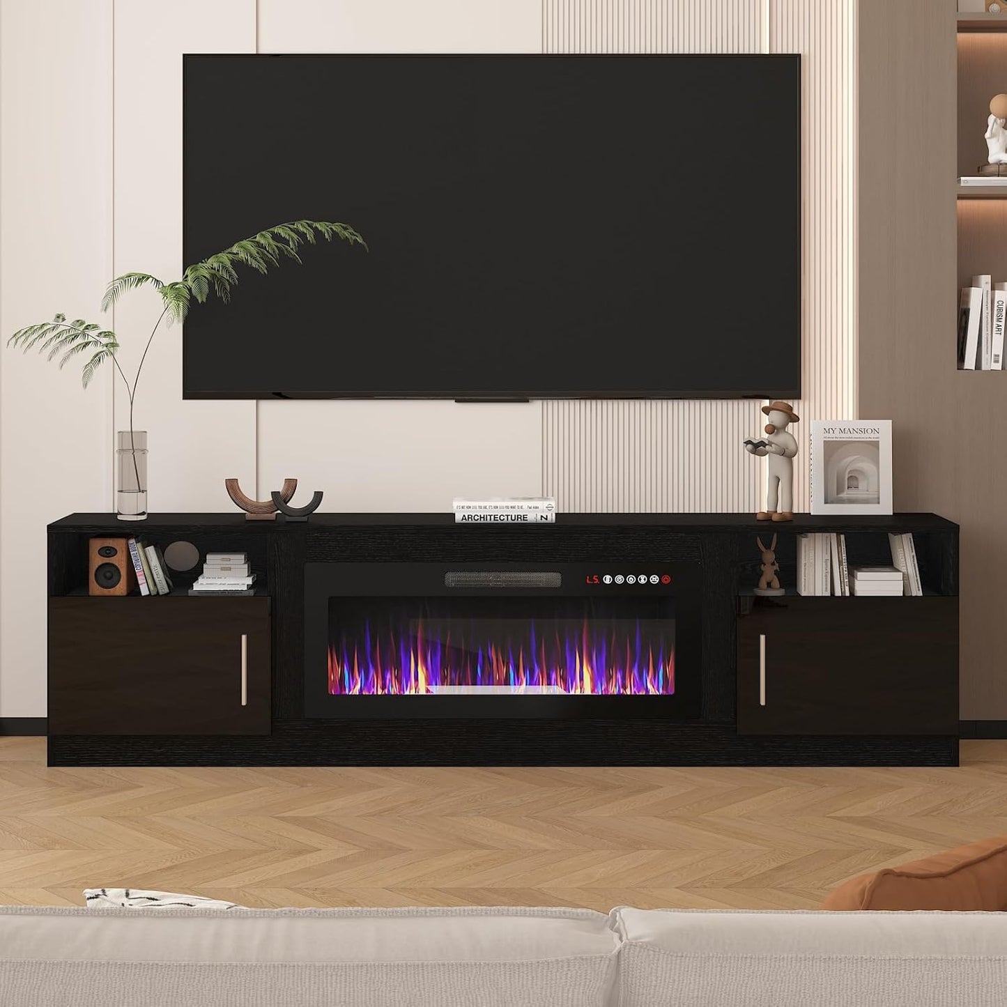 Lemberi Fireplace tv Stand with 36 inch Fireplace Up to 80" TVs,LED Light Entertainment Center and Storage, 70" Modern Wood Media TV Console with Highlight Cabinet for Living Room (White)