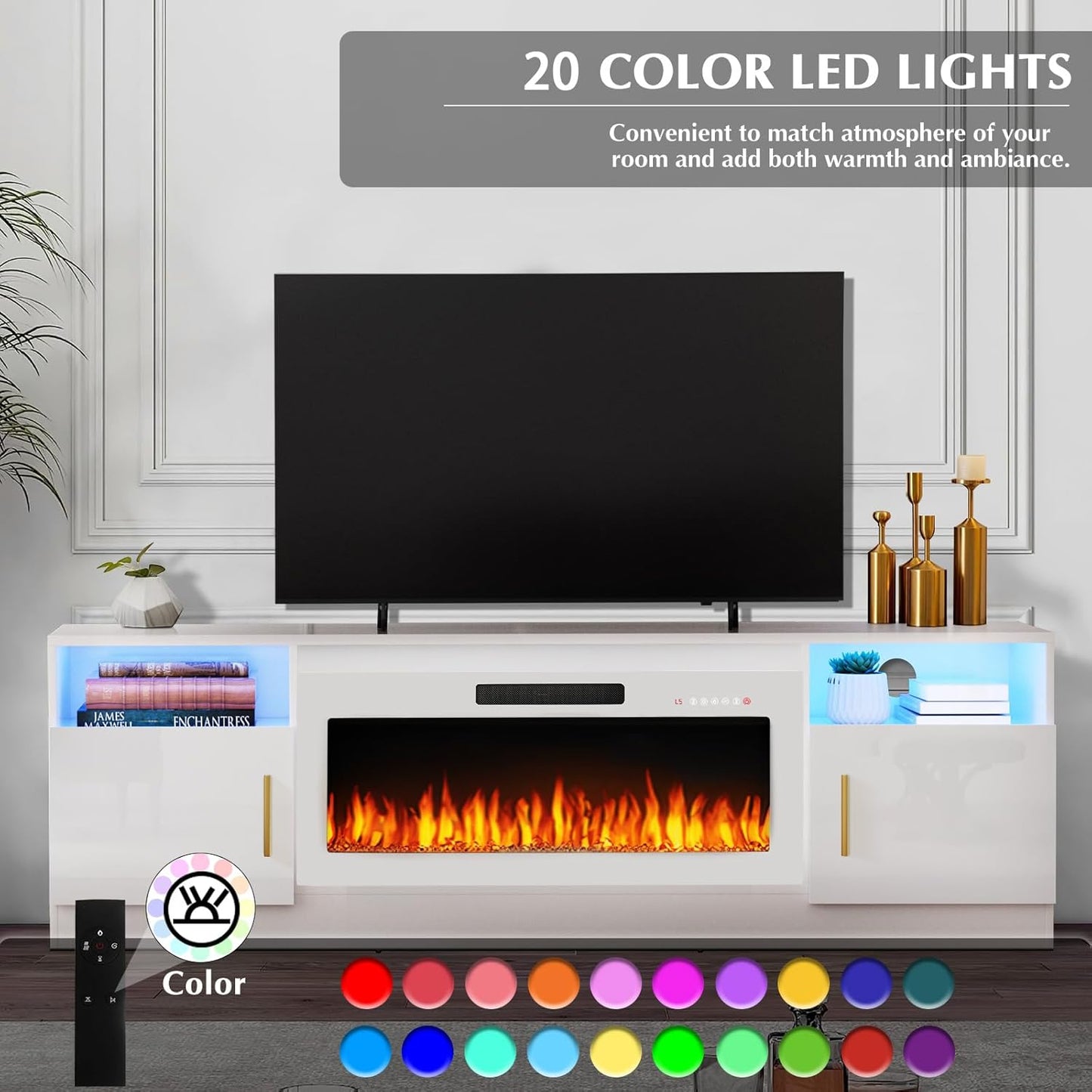Lemberi Fireplace tv Stand with 36 inch Fireplace Up to 80" TVs,LED Light Entertainment Center and Storage, 70" Modern Wood Media TV Console with Highlight Cabinet for Living Room (White)