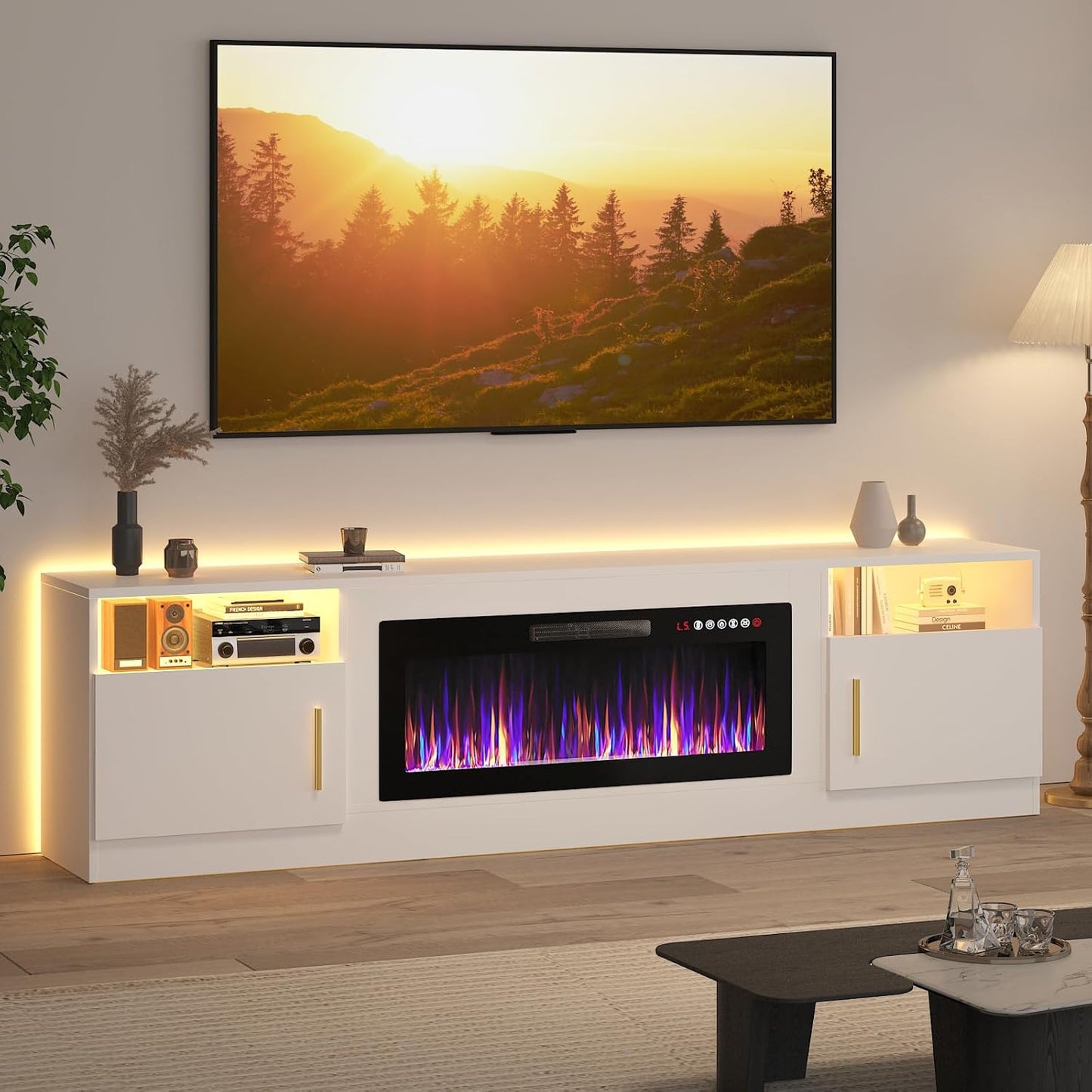 Lemberi Fireplace tv Stand with 36 inch Fireplace Up to 80" TVs,LED Light Entertainment Center and Storage, 70" Modern Wood Media TV Console with Highlight Cabinet for Living Room (White)
