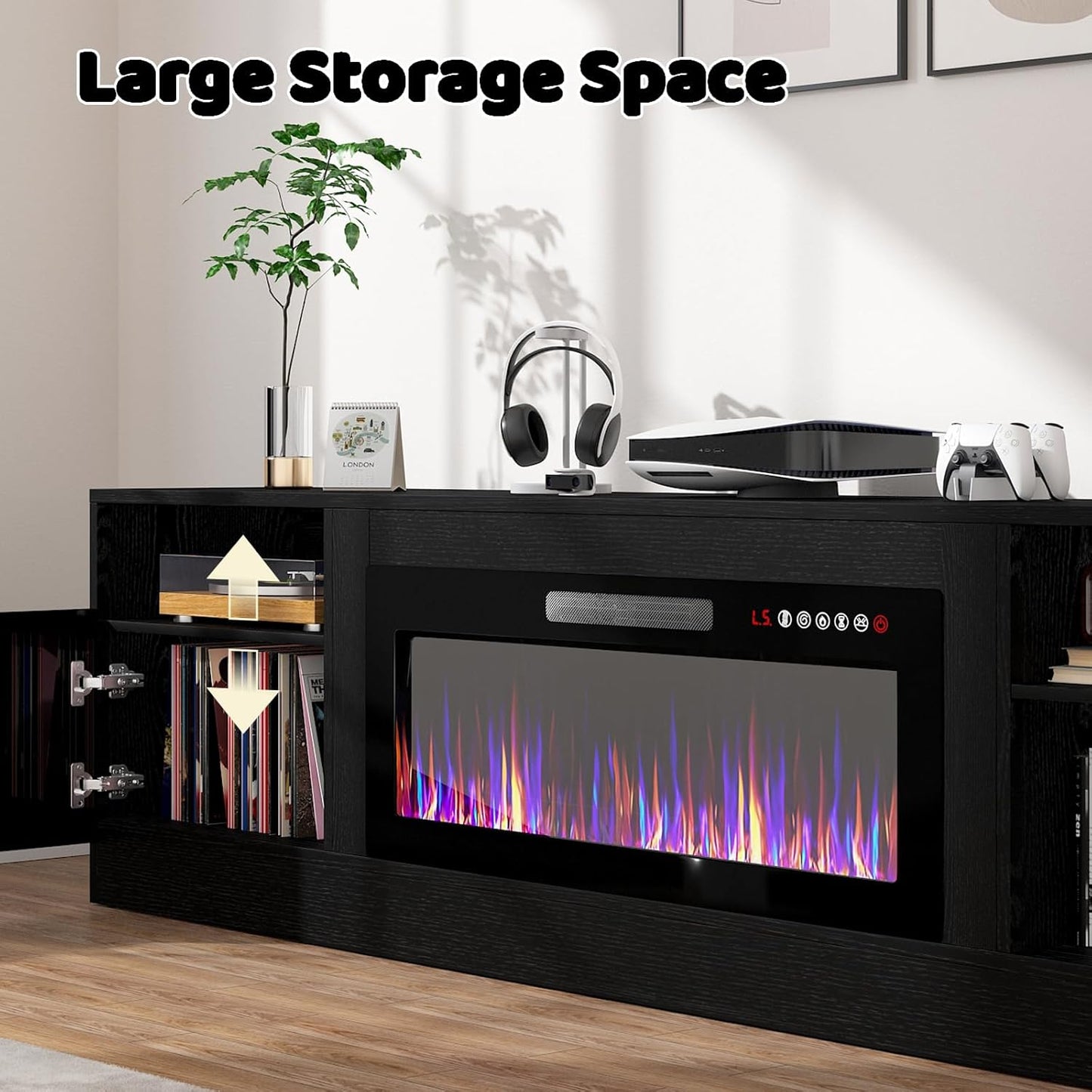 Lemberi Fireplace tv Stand with 36 inch Fireplace Up to 80" TVs,LED Light Entertainment Center and Storage, 70" Modern Wood Media TV Console with Highlight Cabinet for Living Room (White)