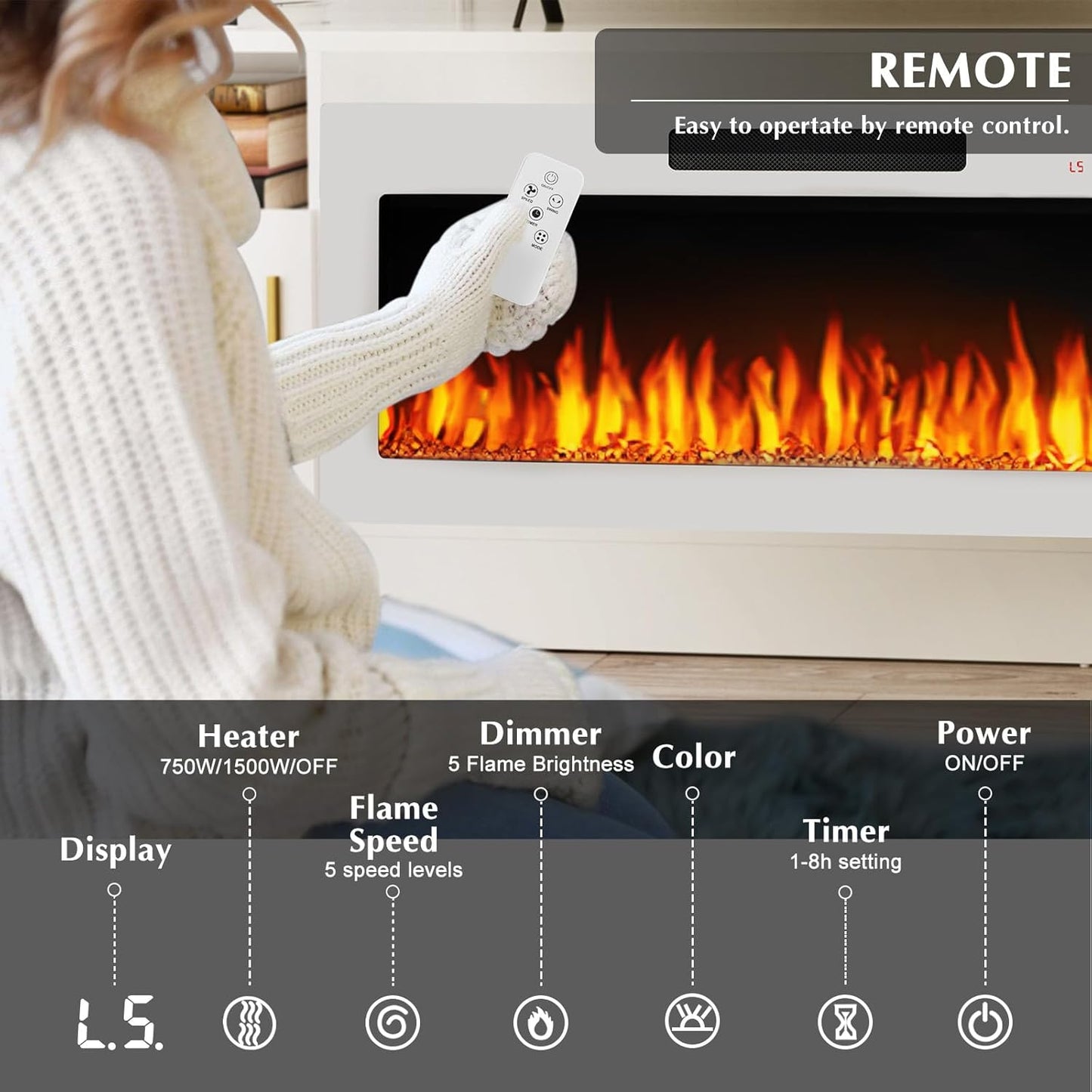 Lemberi Fireplace tv Stand with 36 inch Fireplace Up to 80" TVs,LED Light Entertainment Center and Storage, 70" Modern Wood Media TV Console with Highlight Cabinet for Living Room (White)