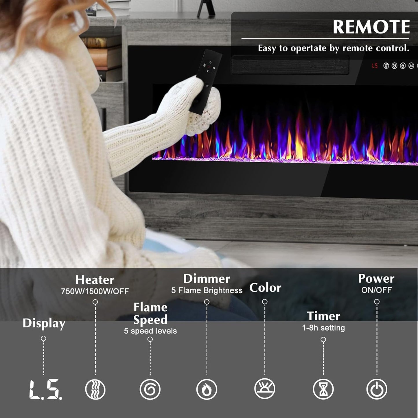 Lemberi Fireplace tv Stand with 36 inch Fireplace Up to 80" TVs,LED Light Entertainment Center and Storage, 70" Modern Wood Media TV Console with Highlight Cabinet for Living Room (White)