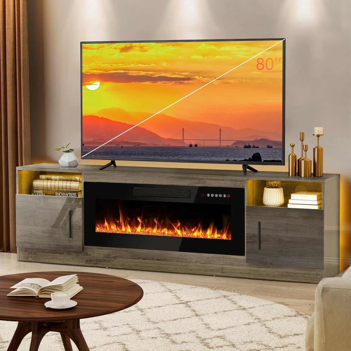 Lemberi Fireplace tv Stand with 36 inch Fireplace Up to 80" TVs,LED Light Entertainment Center and Storage, 70" Modern Wood Media TV Console with Highlight Cabinet for Living Room (White)
