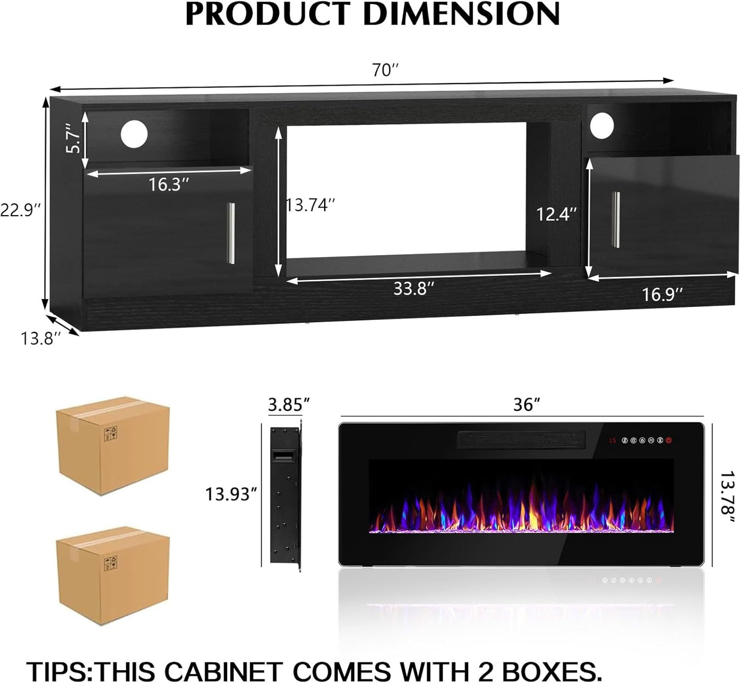 Lemberi Fireplace tv Stand with 36 inch Fireplace Up to 80" TVs,LED Light Entertainment Center and Storage, 70" Modern Wood Media TV Console with Highlight Cabinet for Living Room (White)