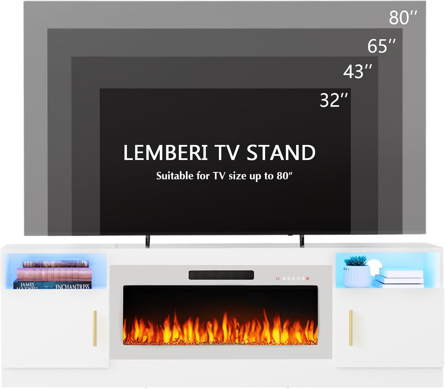 Lemberi Fireplace tv Stand with 36 inch Fireplace Up to 80" TVs,LED Light Entertainment Center and Storage, 70" Modern Wood Media TV Console with Highlight Cabinet for Living Room (White)