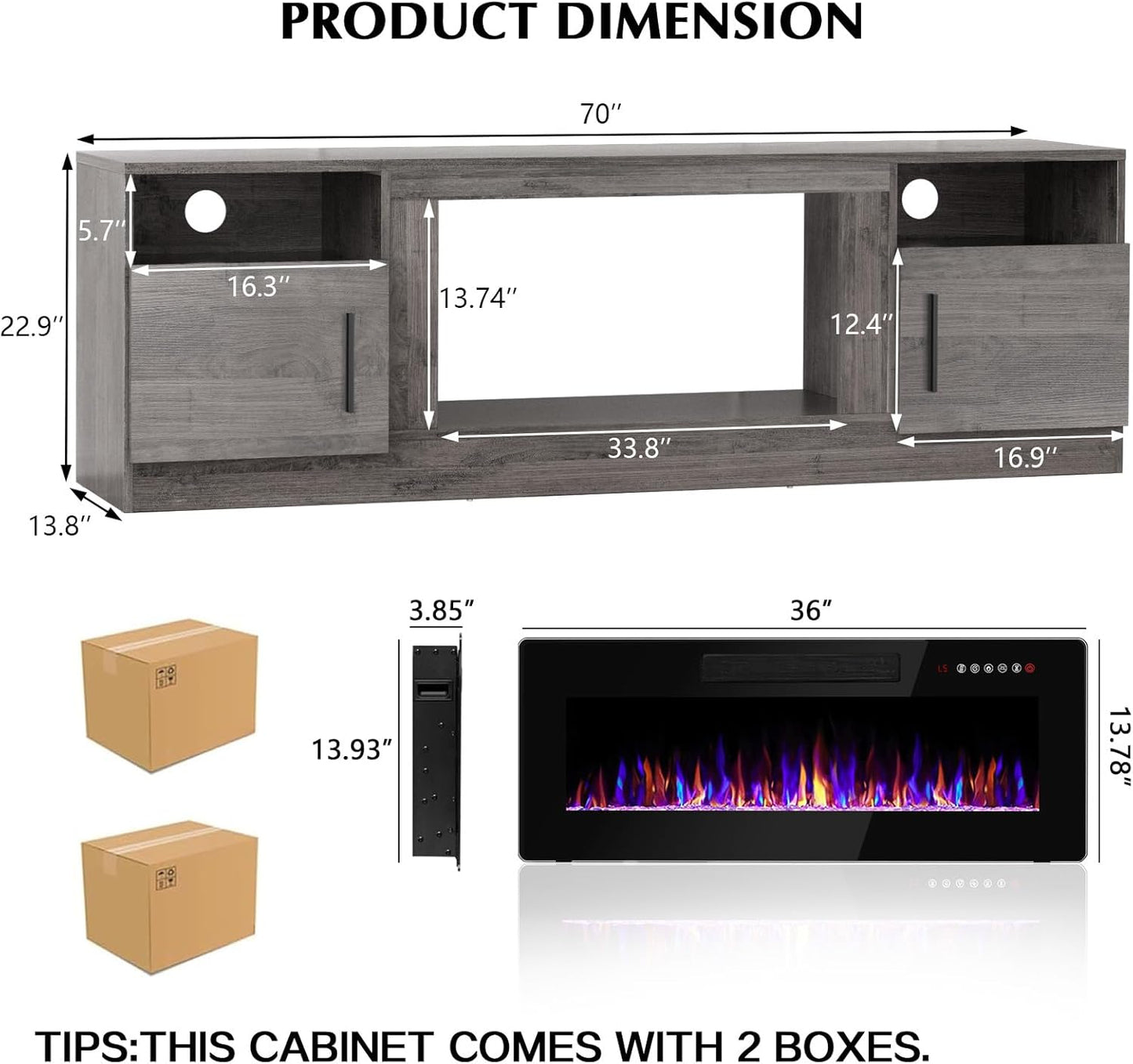 Lemberi Fireplace tv Stand with 36 inch Fireplace Up to 80" TVs,LED Light Entertainment Center and Storage, 70" Modern Wood Media TV Console with Highlight Cabinet for Living Room (White)