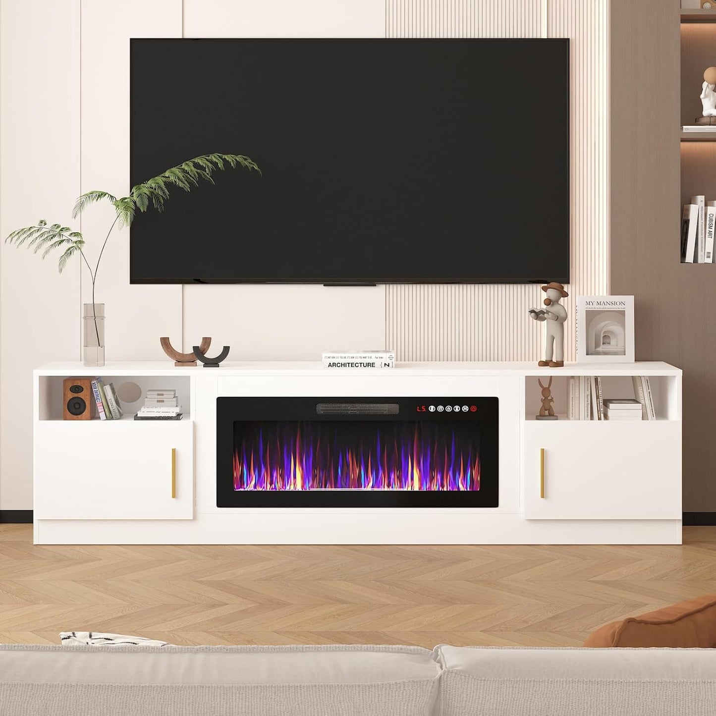 Lemberi Fireplace tv Stand with 36 inch Fireplace Up to 80" TVs,LED Light Entertainment Center and Storage, 70" Modern Wood Media TV Console with Highlight Cabinet for Living Room (White)