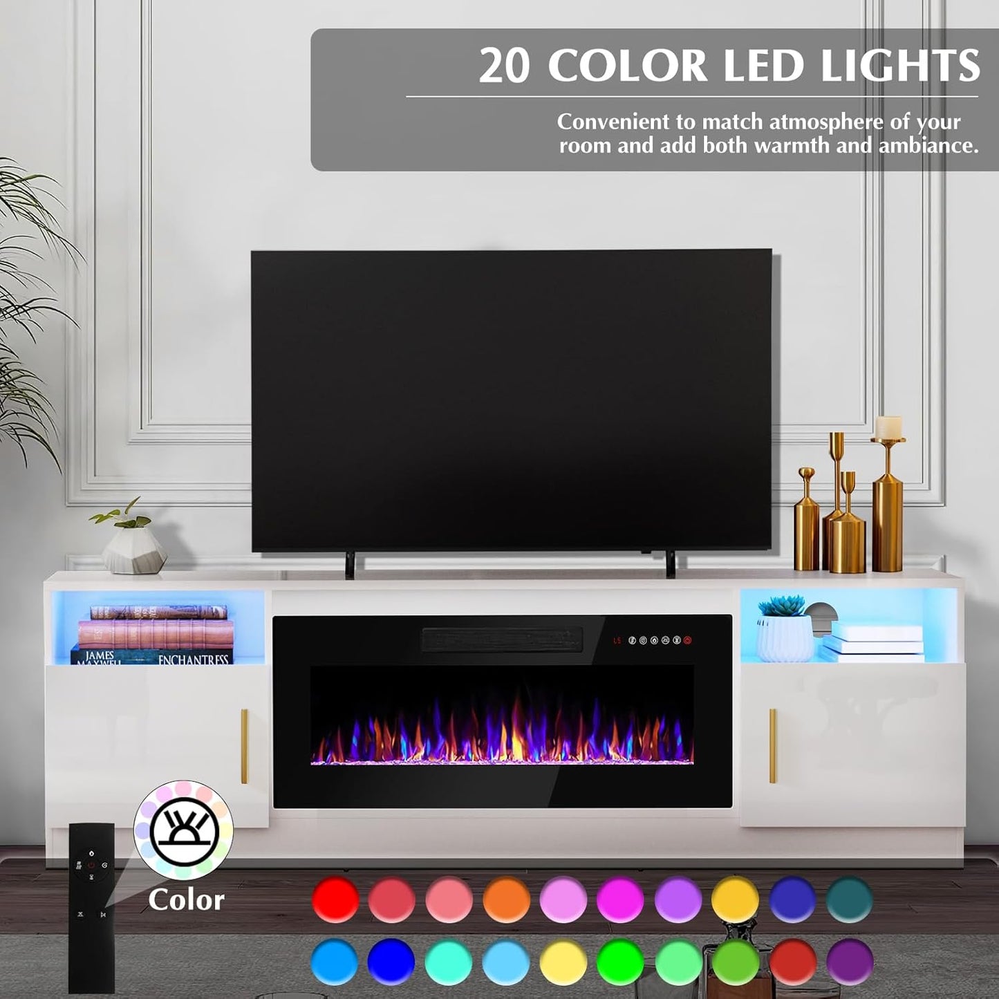 Lemberi Fireplace tv Stand with 36 inch Fireplace Up to 80" TVs,LED Light Entertainment Center and Storage, 70" Modern Wood Media TV Console with Highlight Cabinet for Living Room (White)