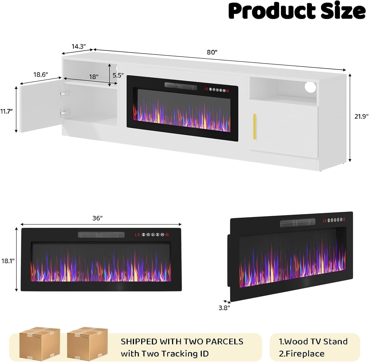 Lemberi Fireplace tv Stand with 36 inch Fireplace Up to 80" TVs,LED Light Entertainment Center and Storage, 70" Modern Wood Media TV Console with Highlight Cabinet for Living Room (White)