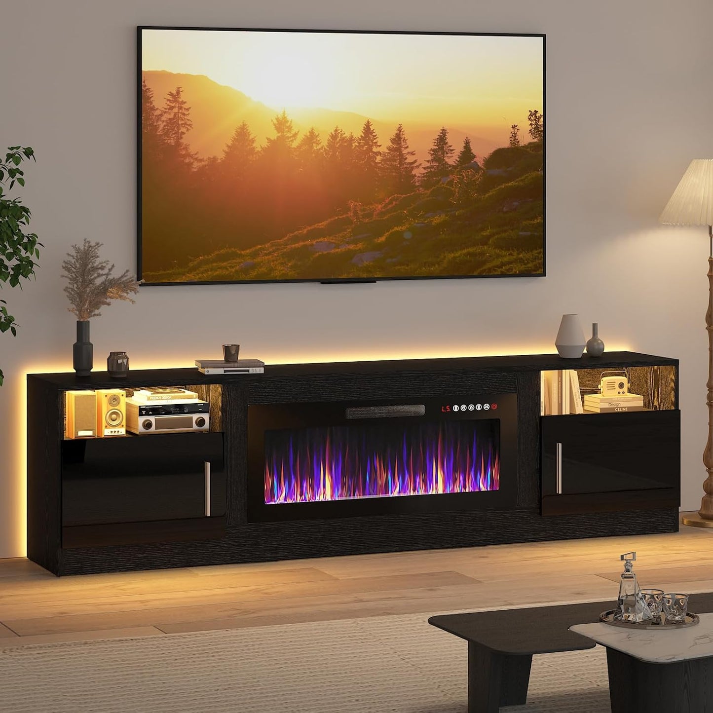 Lemberi Fireplace tv Stand with 36 inch Fireplace Up to 80" TVs,LED Light Entertainment Center and Storage, 70" Modern Wood Media TV Console with Highlight Cabinet for Living Room (White)