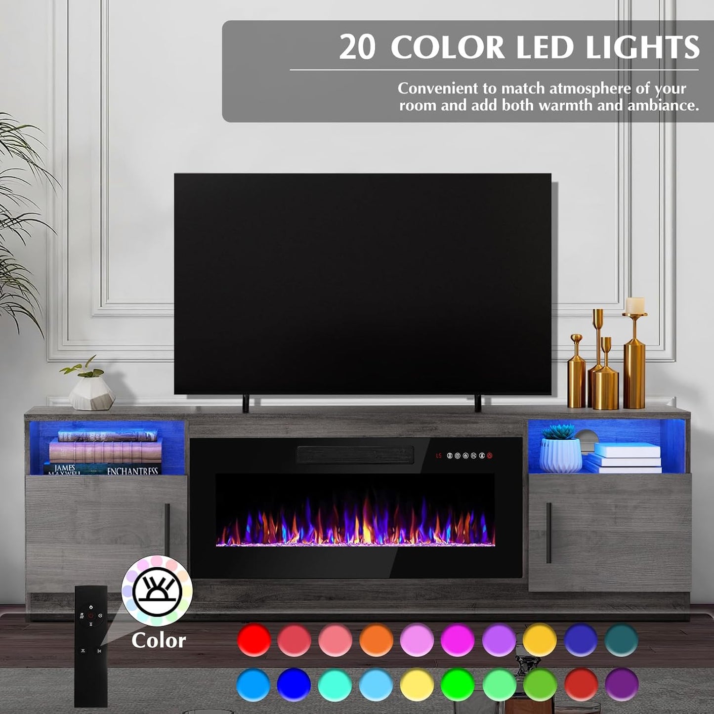 Lemberi Fireplace tv Stand with 36 inch Fireplace Up to 80" TVs,LED Light Entertainment Center and Storage, 70" Modern Wood Media TV Console with Highlight Cabinet for Living Room (White)