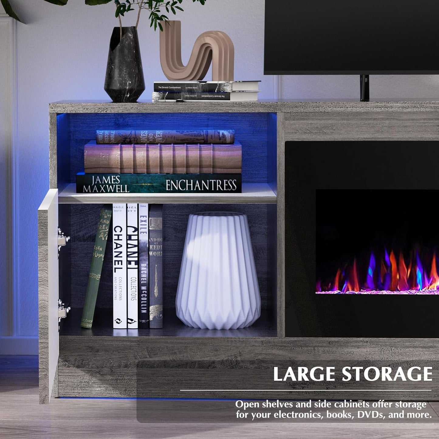 Lemberi Fireplace tv Stand with 36 inch Fireplace Up to 80" TVs,LED Light Entertainment Center and Storage, 70" Modern Wood Media TV Console with Highlight Cabinet for Living Room (White)