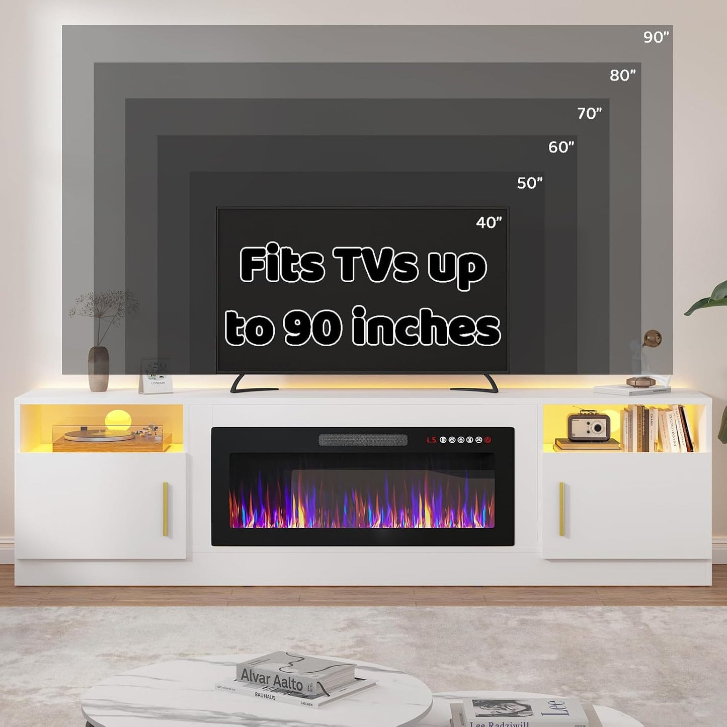 Lemberi Fireplace tv Stand with 36 inch Fireplace Up to 80" TVs,LED Light Entertainment Center and Storage, 70" Modern Wood Media TV Console with Highlight Cabinet for Living Room (White)