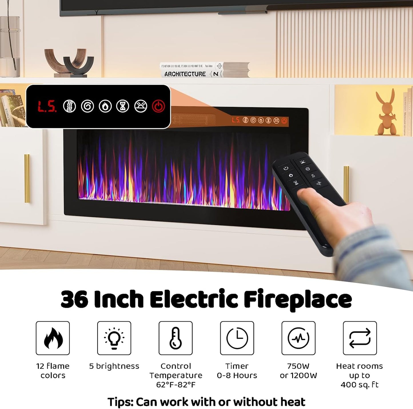 Lemberi Fireplace tv Stand with 36 inch Fireplace Up to 80" TVs,LED Light Entertainment Center and Storage, 70" Modern Wood Media TV Console with Highlight Cabinet for Living Room (White)