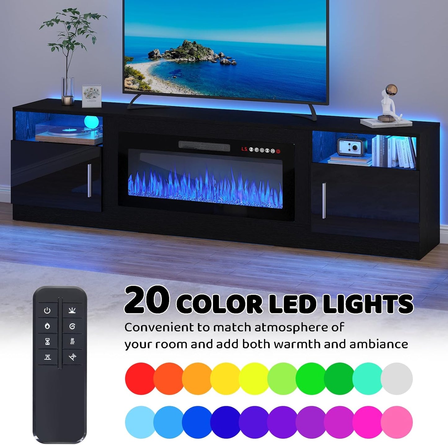 Lemberi Fireplace tv Stand with 36 inch Fireplace Up to 80" TVs,LED Light Entertainment Center and Storage, 70" Modern Wood Media TV Console with Highlight Cabinet for Living Room (White)