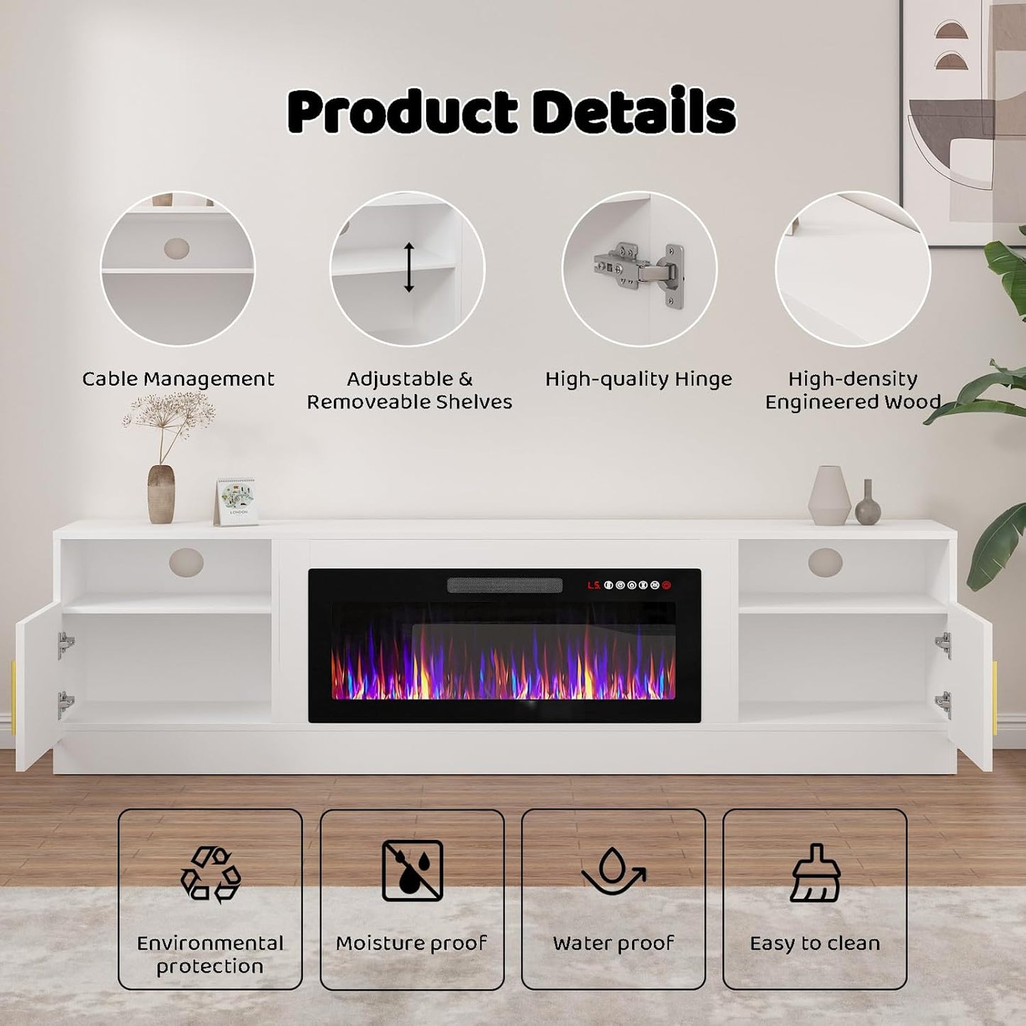 Lemberi Fireplace tv Stand with 36 inch Fireplace Up to 80" TVs,LED Light Entertainment Center and Storage, 70" Modern Wood Media TV Console with Highlight Cabinet for Living Room (White)