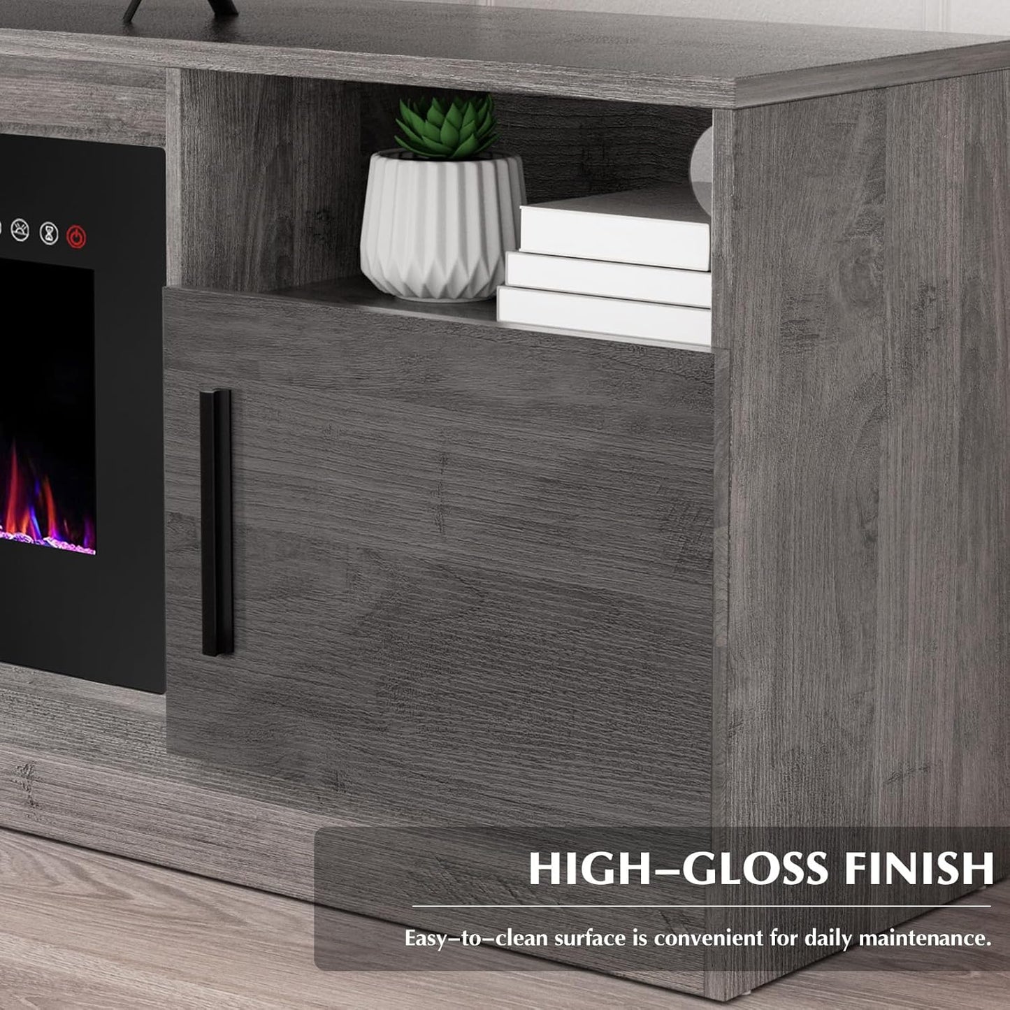 Lemberi Fireplace tv Stand with 36 inch Fireplace Up to 80" TVs,LED Light Entertainment Center and Storage, 70" Modern Wood Media TV Console with Highlight Cabinet for Living Room (White)