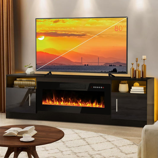 Lemberi Fireplace tv Stand with 36 inch Fireplace Up to 80" TVs,LED Light Entertainment Center and Storage, 70" Modern Wood Media TV Console with Highlight Cabinet for Living Room (White)